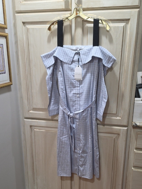 English Factory Dresses & Skirts - English Factory Blue and White Plaid Off-Shoulder Shirt Dress $140